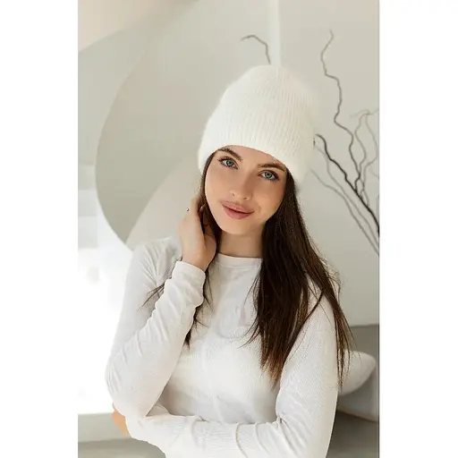 Теплая женская шапка Ангора Сердечко с флисовой подкладкой Белый - фото 1