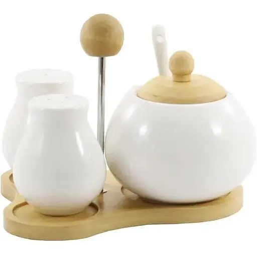 Набір Interos PJ01643 цукорниця, сільничка, перечниця на бамбуковій підставці порцеляновий