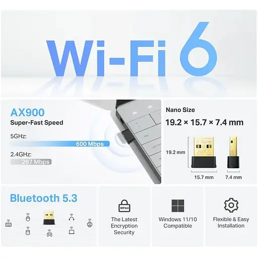 Адаптер WiFi TP-Link Archer TX10UB nano AX900, USB, BT5.3 - фото 7