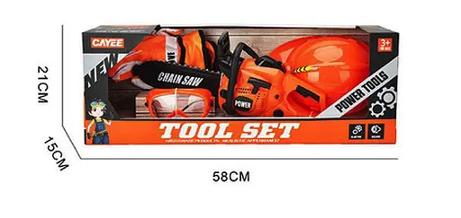 Дитячий ігровий набір інструментів Keyi бензопила, маска, рукавички, каска, на батарейках в коробці Помаранчевий - фото 3
