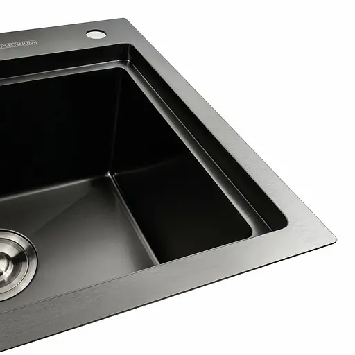 Кухонна мийка чорна PVD 78x43 R Platinum Handmade (два отвори, круглий сифон 3,0/0,8), Чорний - фото 5