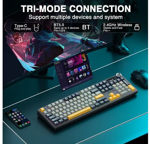 Клавиатура игровая AULA F-108-Pro Wireless Gasket Keyboard Reaper switch, 2.4G, BT, Black - фото 9