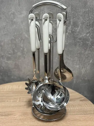 Набір кухонного приладдя на підставці керамічна ручка 7 предметів Білий із сріблястим - фото 7