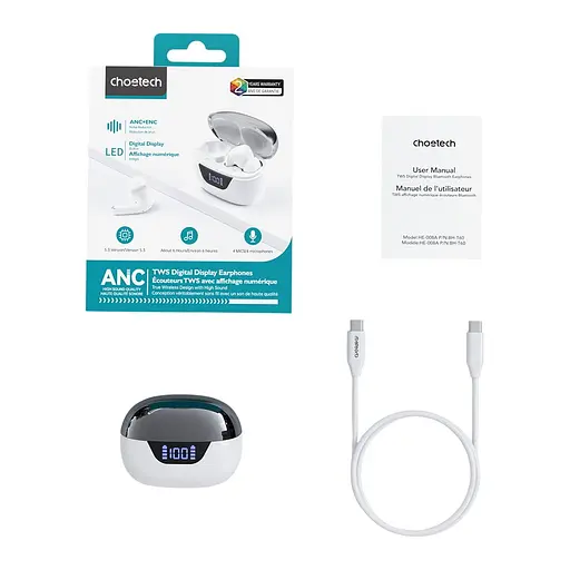 Бездротові навушники Choetech BH-T60 White TWS, Bluetooth 5.3, ANC+ENC, LED-дисплей (43-00135) - фото 4