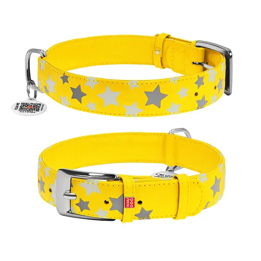 Ошейник для собак кожаный Waudog Glamour с QR-паспортом узор "Звездочка" светонакопительный Ш 35 мм Д 46-60 см желтый