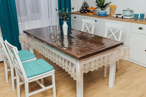 Силіконова скатертина з бежевим мереживом Петек 15 см 300х130 см - фото 5