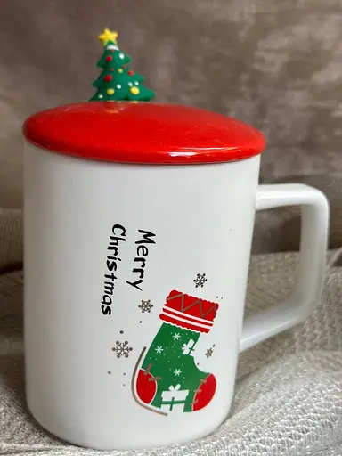 Кружка R33367 Новорічний калейдоскоп кераміка з кришкою і ложкою 360 мл Біла - фото 2