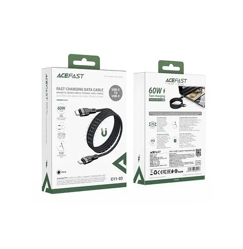 Кабель Acefast C11-03 Type-C to Type-C 3A 60W 1.2 м nylon + PVC zinc connectors чорний - фото 2