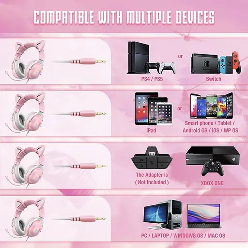 Ігрові дротові навушники Onikuma X11 з котячими вушками з мікрофоном і LED RGB підсвічуванням Рожевий - фото 6