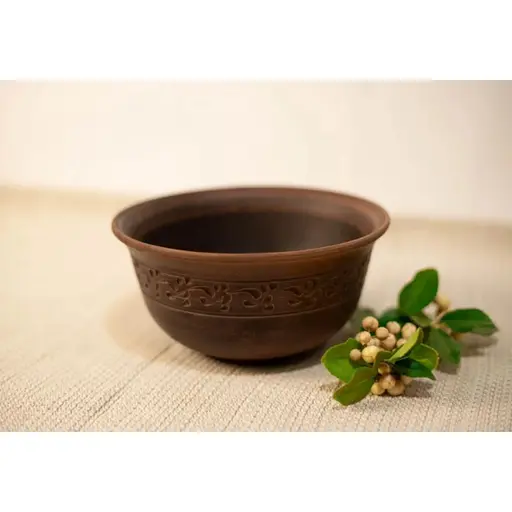 Миска керамическая высокая 1 л (глиняная) резная коричневая