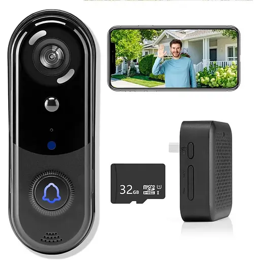 Дверний бездротовий дзвінок 1080P відеодзвінок з рингтоном 32 ГБ SD/хмарне сховище нічне бачення