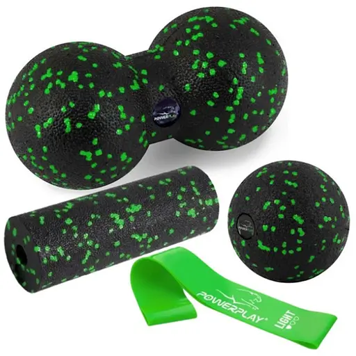 Набір для масажу та йоги PowerPlay PP_4091 EPP (2 м'ячики + валик масажер 15*5,3 см.) Green + гумка 5.5 кг (PP_4091_Green) - фото 1