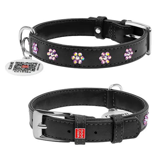 Ошейник для собак кожаный Waudog Glamour с QR-паспортом с клеевыми стразами "Цветы" Ш 20 мм Д 30-39 см