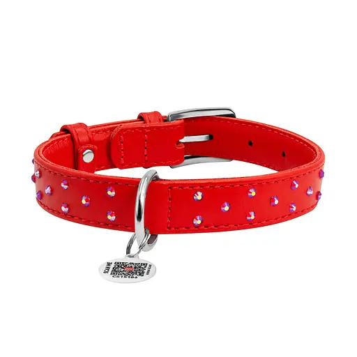 Ошейник для собак кожаный Waudog Glamour с QR-паспортом с клеевыми стразами Ш 25 мм Д 38-49 см красный - фото 3
