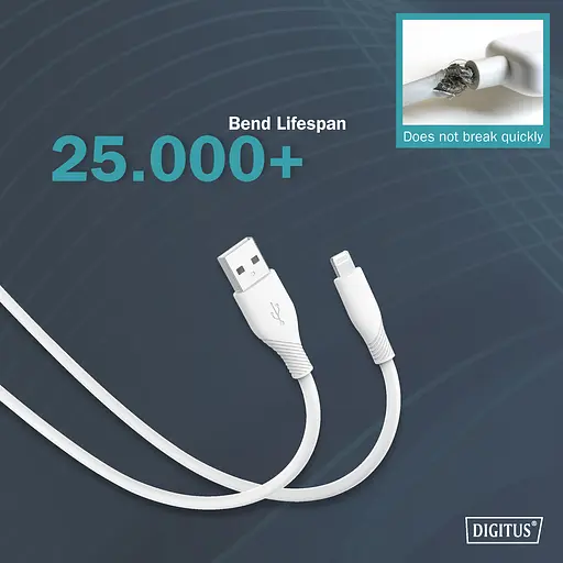 Digitus USB-A > Lightning заряджання/синхронізації, 1м, USB 2.0, 12W, силіконовий, білий - фото 10
