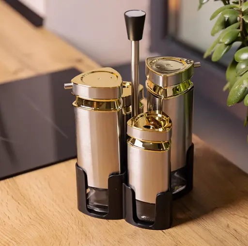 Органайзер набор Condiment Set для специй на подставке с 4 емкостями для специй 10х10х17 см Нержавеющая сталь - фото 3