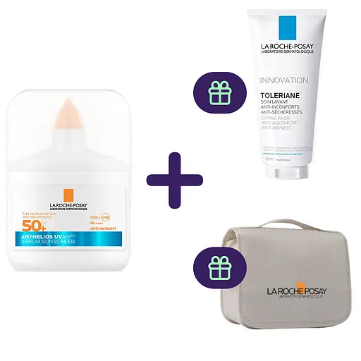 Набор La Roche-Posay: сыворотка для лица Anthelios SPF50+ увлажняющая солнцезащитная с антиоксидантами 50 мл + очищающий гель-крем Toleriane для чувствительной кожи 50 мл + косметичка-органайзер Anthelios - фото 1