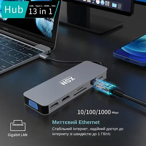 USB-хаб XON SmartHub 13 в 1 (Ethernet, VGA, 2xHDMI, 3.5 Audio, SD/TF, 2xType-C, 2xUSB3.0, 2xUSB2.0) Серый (XUCHP134322G 5290) - фото 8