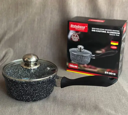 Кастрюля Styleberg из литого алюминия с антипригарным гранитным покрытием и крышкой 1.4 л 16 см ST-3016 черная - фото 3