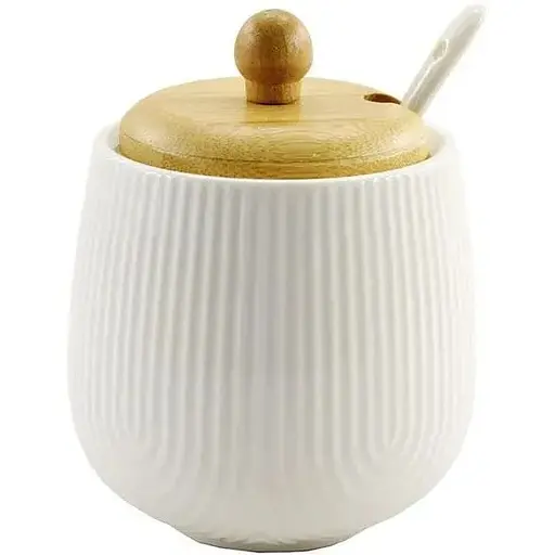 Сахарница Interos с ложкой и деревянной крышкой фарфоровая 340 мл (PJ03431-1)