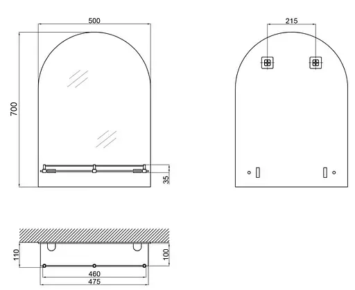 Дзеркало настінне Zerix Laguna MRZ03-500x700x110 прямокутне з дугоподібним верхом та полицею ZX5622 - фото 3