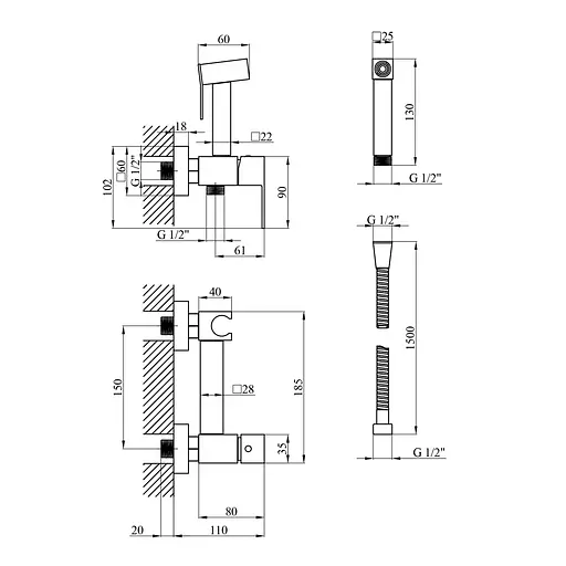 Смеситель для гигиенического душа открытого монтажа 150 мм Kroner KRP Edelstahl Kubus - CHR052, Хром - фото 2