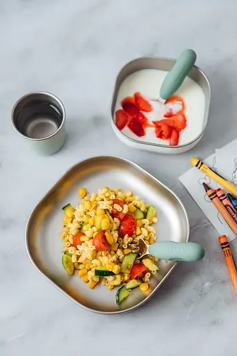 Набір: тарілка, миска, стакан Beaba металеві 4+ оливковий (913583) - фото 3