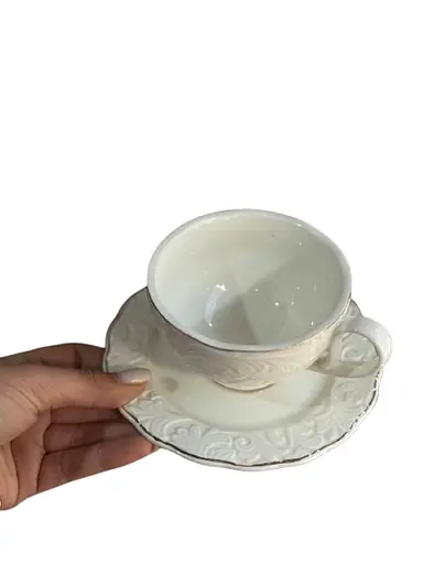 Фарфоровый сервиз Фростинг с рельефным декором 6 чашек с блюдцем для кофе и чая 200 мл Белый - фото 3