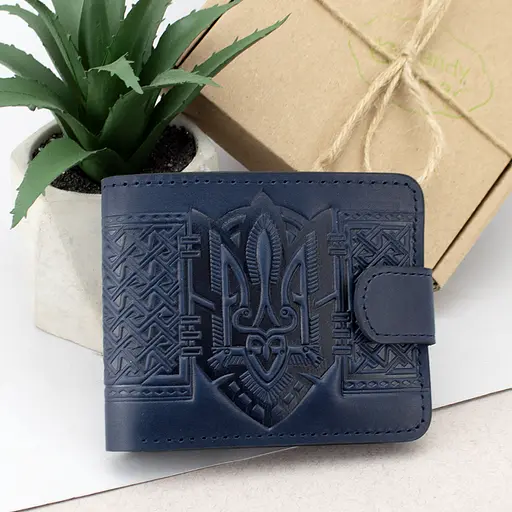 Кошелек мужской кожаный Handycover HC0041 синий с гербом Украины - фото 1