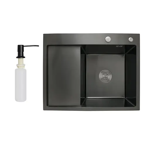 Кухонная мойка интегрированная Lidz Handmade H6350BL крыло слева (LDH6350BRUL45589) Brushed Black PVD 3,0/1,0 мм, Черный - фото 1