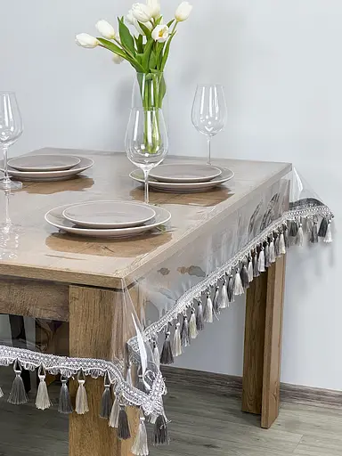 Скатертина силіконова з сіро-молочною бахромою 340х160 см - фото 10