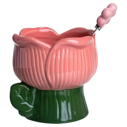 Чаша порцелянова для морозива у формі тюльпана з ложкою 300 мл, зелений з рожевим Yiwu FM-42GR - фото 3