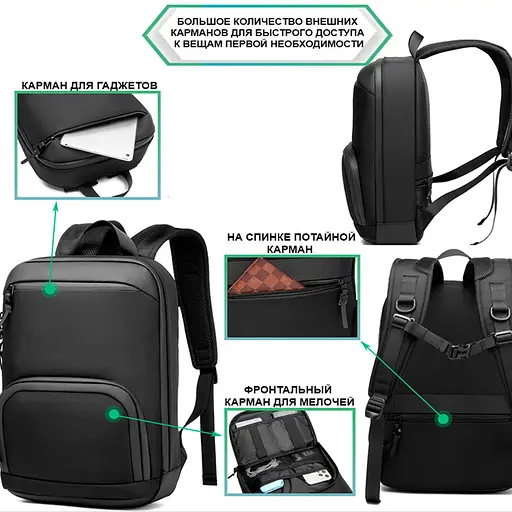 Рюкзак міський Ozuko 9474 14л для ноутбука до 15,6" Black (16196) - фото 3