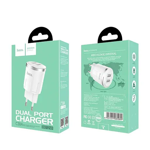 Адаптер мережевий Hoco Thunder C38A на 2 порти USB-A блок живлення білий - фото 2