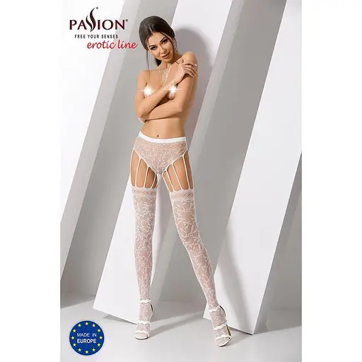 Эротические колготки-бодистокинг Passion S003 white имитация кружевных чулок и трусиков S/M/L - фото 2