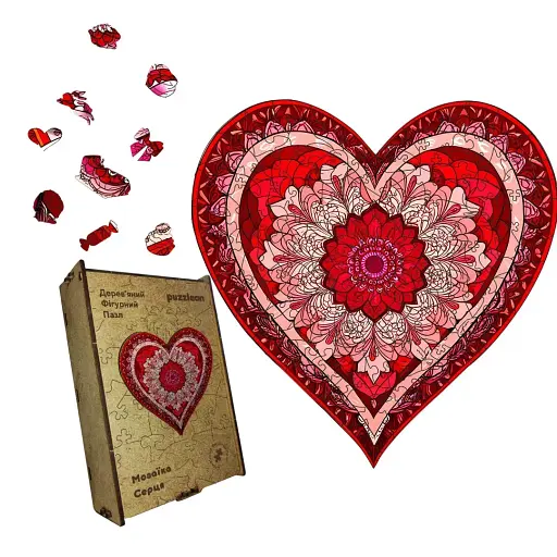 Деревяний фігурний пазл Мозаїка Серця, А5, Картонна коробка 35 елементів