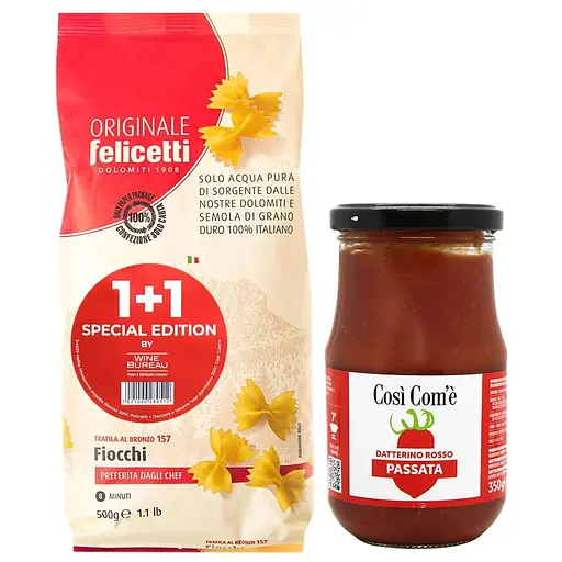 Набор: макаронные изделия Felicetti Fiocchi 500 г + томатное пюре из томатов Чери Cosi' Com'e' Datterino Rosso 350 г  - фото 1