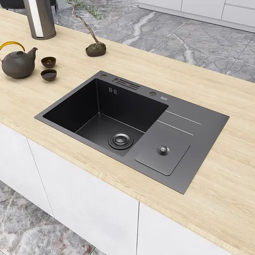 Кухонна мийка чорна з нержавіючої сталі з вбудованим смітником Nett NBM-7047, Чорний - фото 5