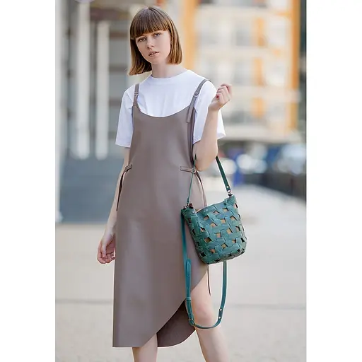 Шкіряна плетена жіноча сумка Пазл M зелена Crazy Horse - фото 8