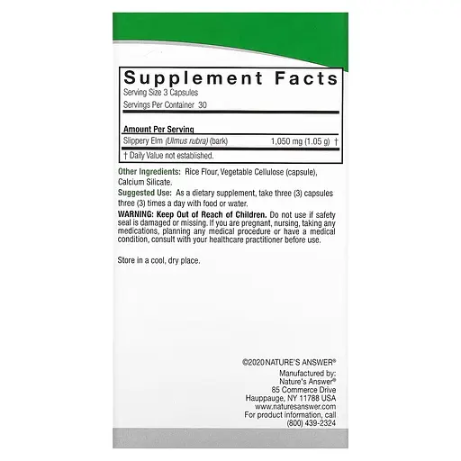 Слизький в'яз Nature's Answer Slippery Elm 1050 мг 90 вегетаріанських капсул - фото 3