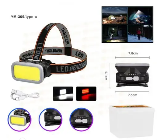 Налобный фонарь Head Lamp YM-309-COB с аккумулятором белый и красный свет USB-зарядка - фото 7