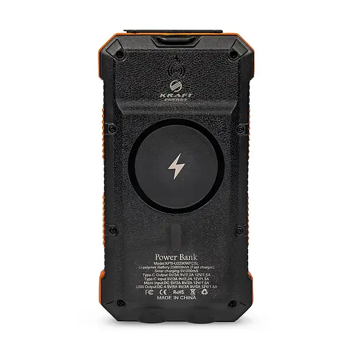 Повербанк з сонячною панеллю 20000mAh Power Bank Kraft KPB-U2230WFCSL Orange бездротова зарядка LED-ліхтар (43-00064) - фото 2