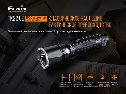 Ручной тактический фонарик Fenix TK22UE 1600лм Type-C (Черный) - фото 5