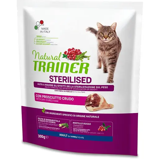 Сухой корм для стерилизованных кошек и кастрированных котов Trainer Natural Super Premium Adult Sterilised with dry-cured ham, с сыровяленой ветчиной, 300 г - фото 1