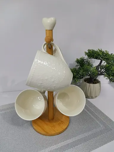 Набір чайний Interos з 4 предметів порцелянових чашок на дерев'яній стійці 300 мл білий PJ03393 - фото 3