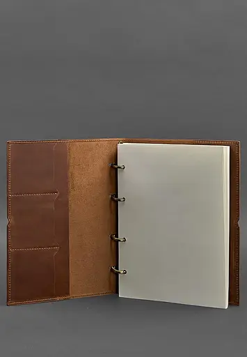 Кожаный блокнот А5 на кольцах (софт-бук) 9.0 в мягкой светло-коричневой обложке. - фото 3