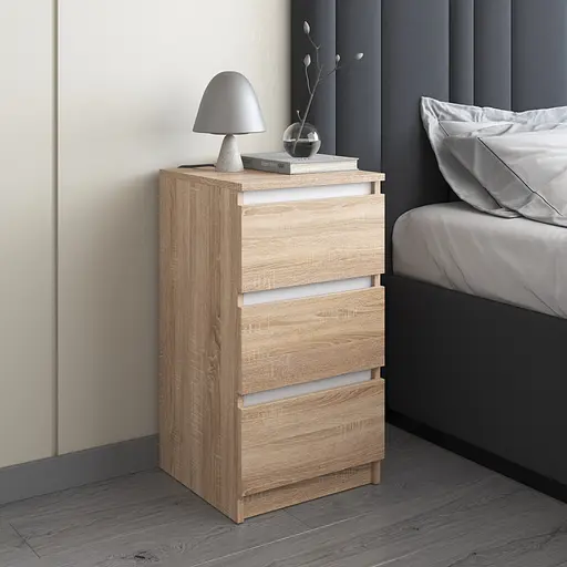 Тумба приліжкова Vays, в спальню, сучасна, 3 шухляди, без ручок R-30 Дуб Сонома-Білі планки