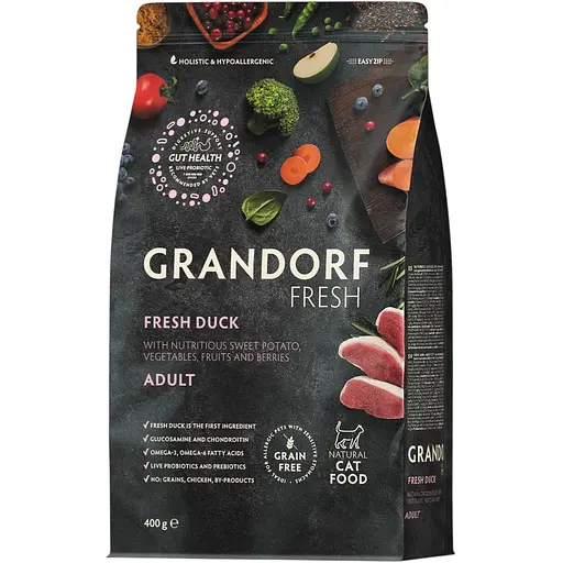 Сухой беззерновой корм для взрослых кошек Grandorf Fresh Duck & Sweet Potato Adult Cat утка с бататом 400 г - фото 1