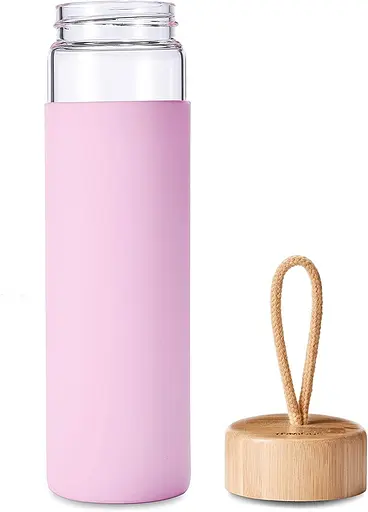 Пляшка скляна OldBro бамбукова кришка із захисним силіконовим чохлом Pink 590 мл - фото 2