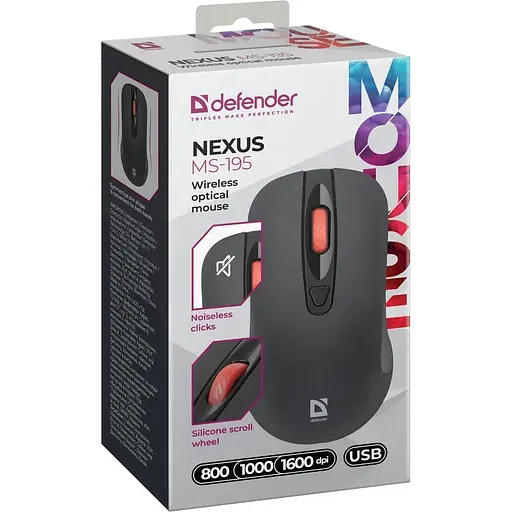 Мишка Defender Nexus MS-195 бездротова, 4 кн. до 1600 dpi, безшумна, чорна - фото 4